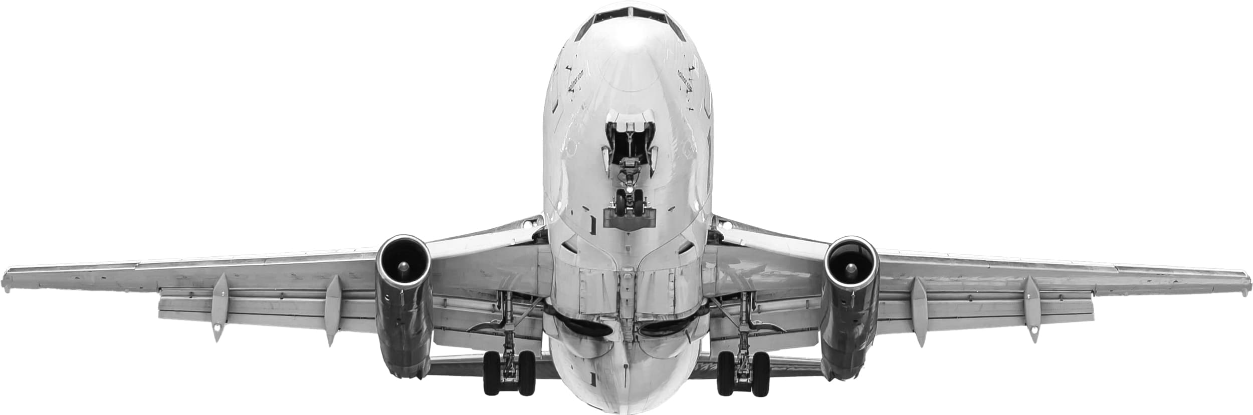 Vue de face d'un avion Nolinor Aviation en vol avec le train d'atterrissage sorti sur fond blanc.