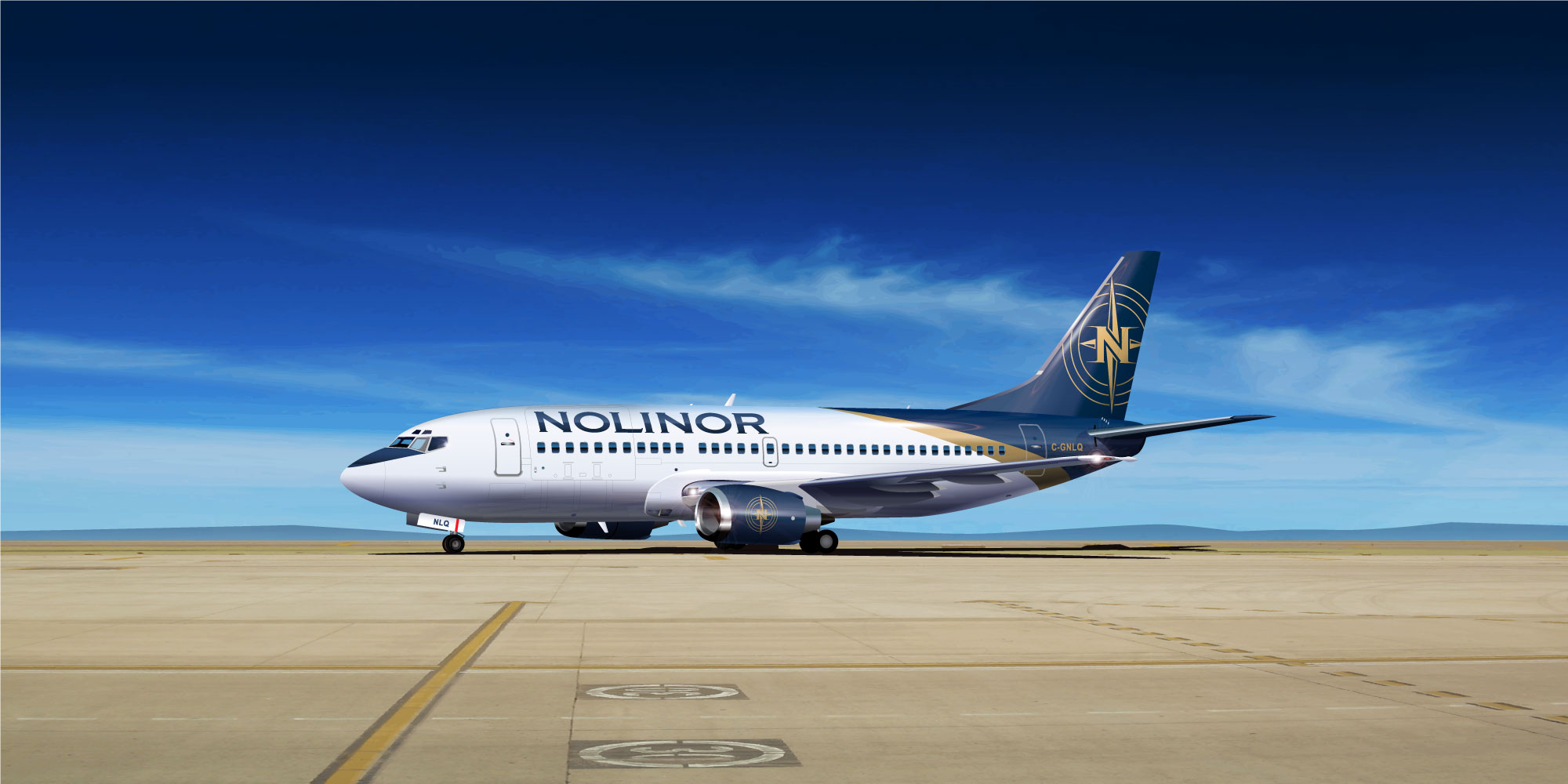 Un avion de la compagnie Nolinor est stationné sur un tarmac sous un ciel bleu dégagé, prêt pour le décollage.