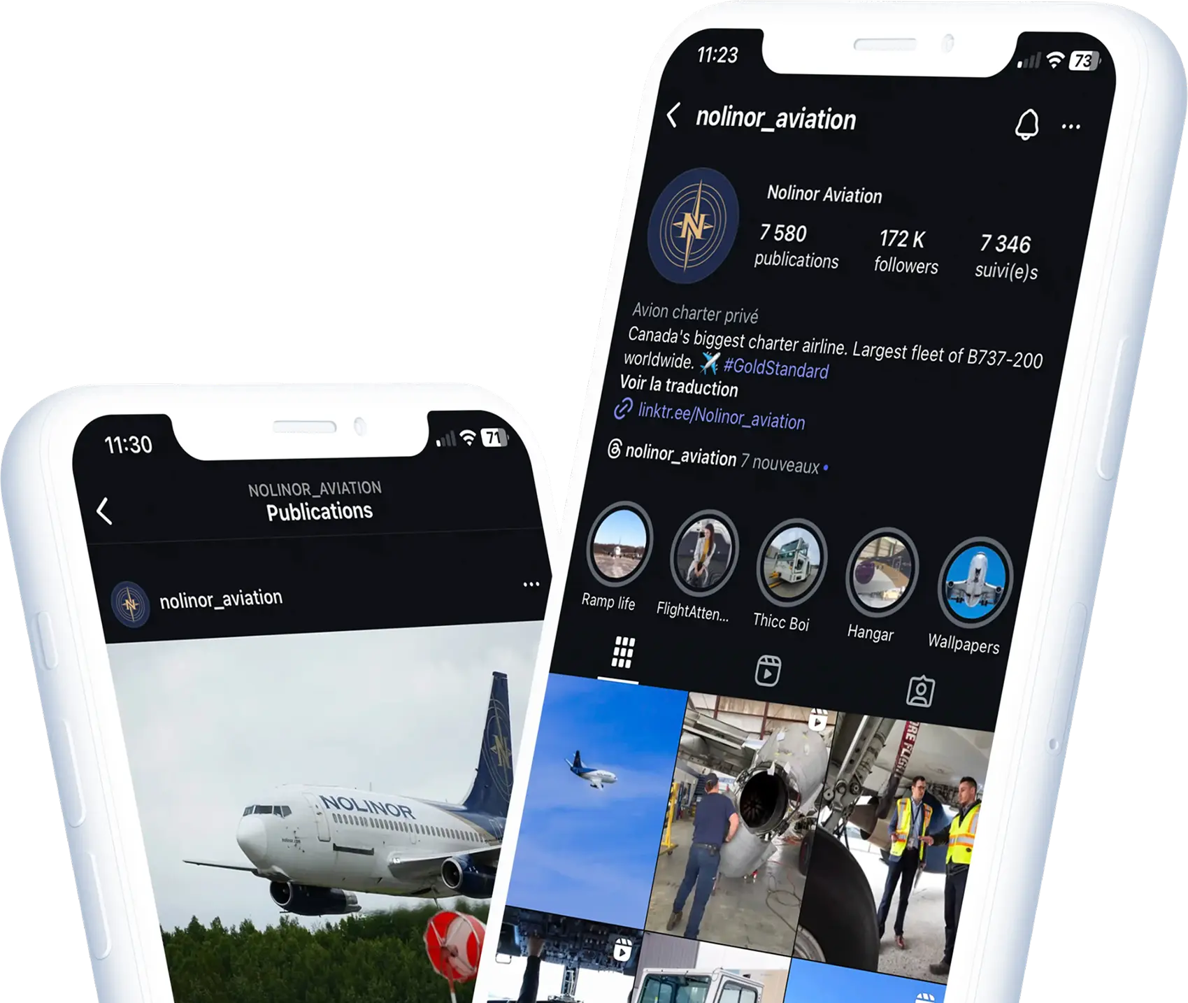 Deux smartphones affichent le profil Instagram de Nolinor Aviation, une compagnie aérienne. L'un montre un avion sur la piste, l'autre présente des publications variées.