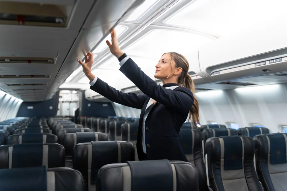 Une hôtesse de l'air ajuste les compartiments à bagages dans un avion presque vide, prête pour l'embarquement des passagers.