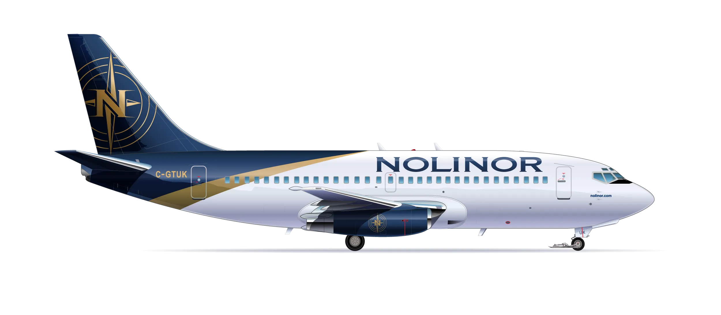 Un avion de la compagnie Nolinor, modèle Boeing 737, avec une livrée bleu et blanc, affichant le logo N sur la queue.