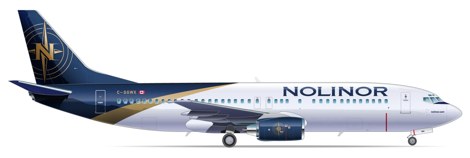 Un avion de la compagnie Nolinor, avec une livrée bleu marine et blanche, est représenté sur fond noir. Le logo est visible sur la queue.