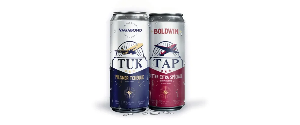 Deux canettes de bière se faisant face, l'une est une pilsner technique nommée TUK et l'autre une bière extra spéciale appelée TAP. Les canettes sont décorées de couleurs vives et de motifs distincts.