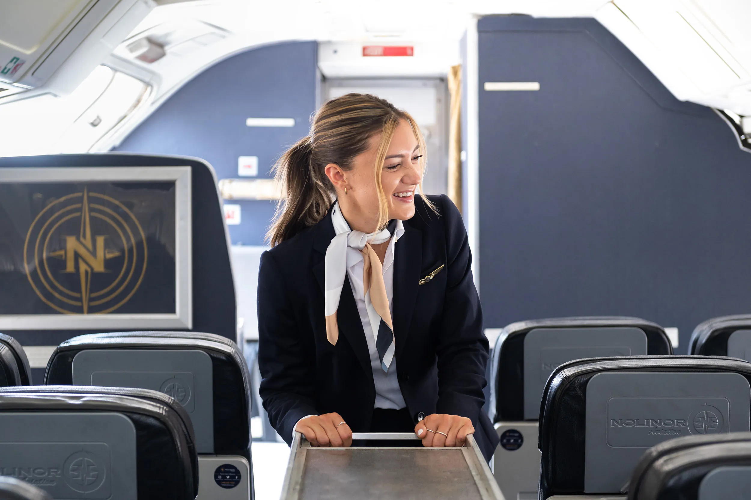 Hôtesse de l'air souriante dans un avion, debout devant un chariot, vêtue d'un uniforme élégant, ambiance accueillante.