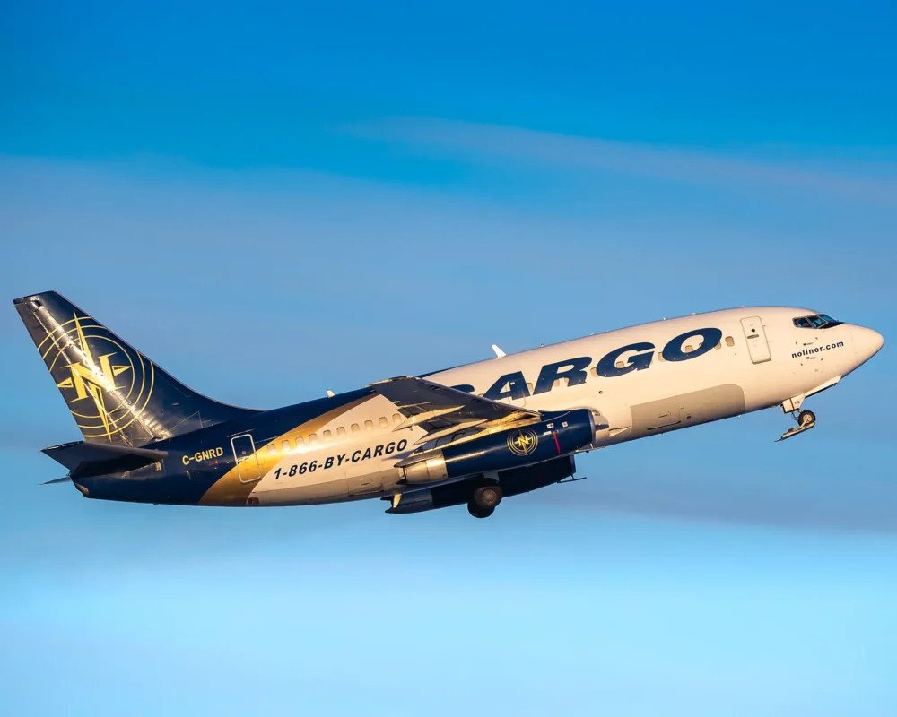 Un avion cargo décolle dans un ciel bleu, affichant le logo de la compagnie et le numéro de contact 1-866-BY-CARGO.
