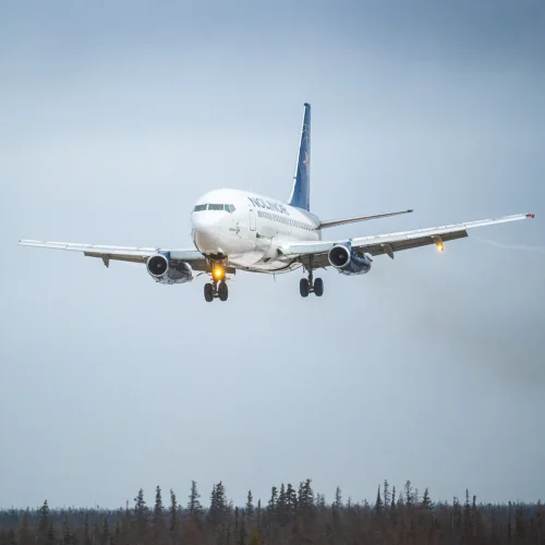 Un avion de ligne atterrit sur une piste, avec des arbres en arrière-plan sous un ciel nuageux. Les feux d'atterrissage sont allumés.